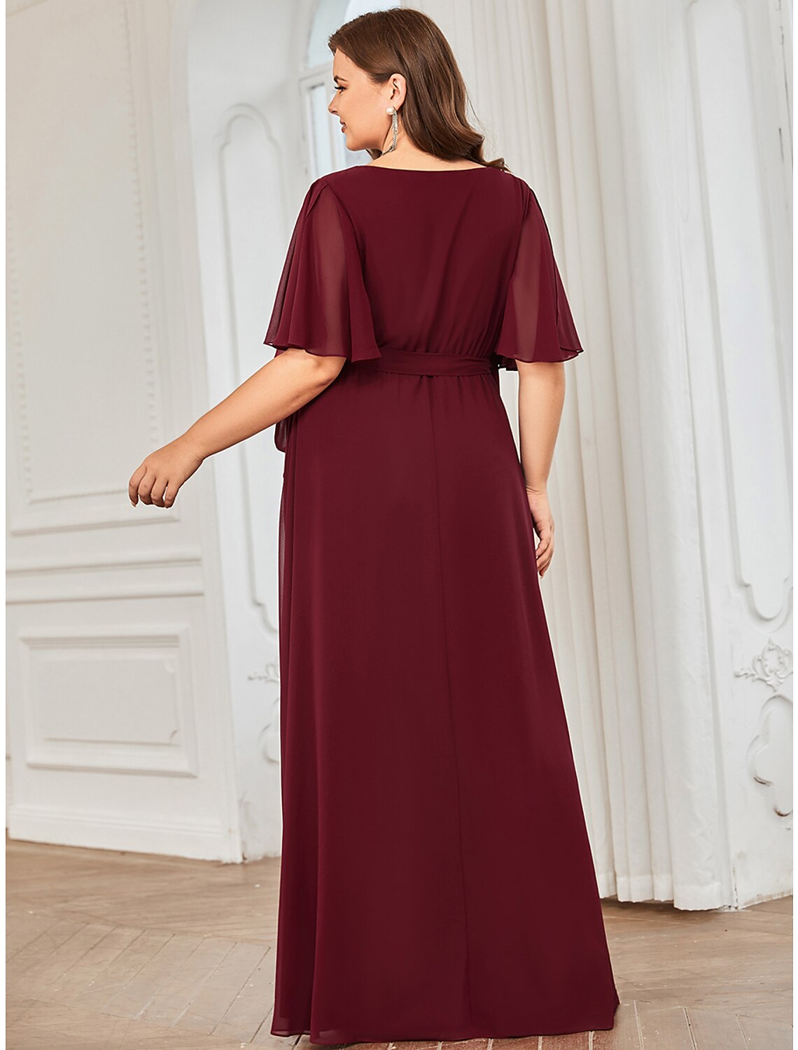 Elegant A-Line V-Neck Short Sleeve Chiffon Ruffled Floor Length Bridesmaid Dress.