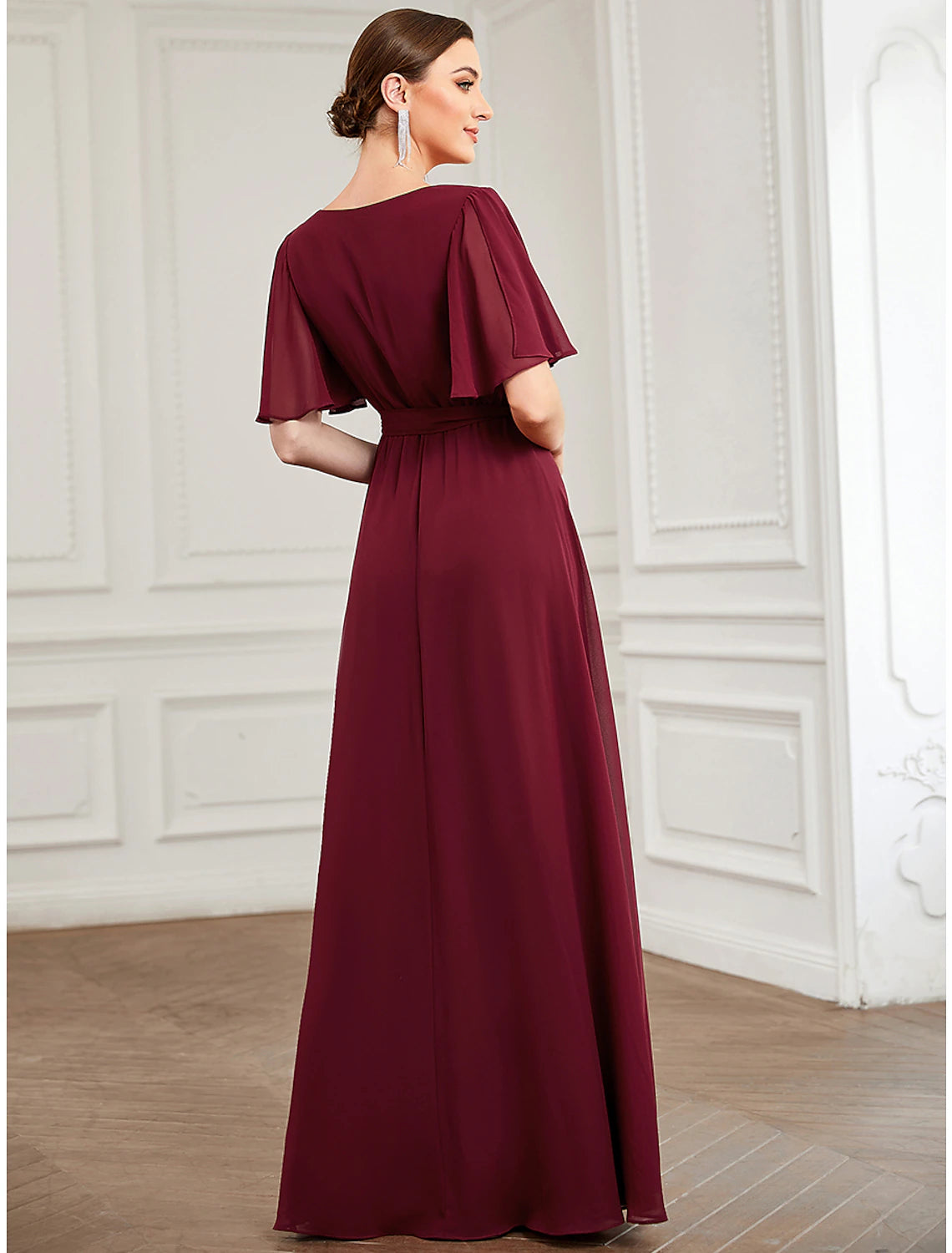Elegant A-Line V-Neck Short Sleeve Chiffon Ruffled Floor Length Bridesmaid Dress.