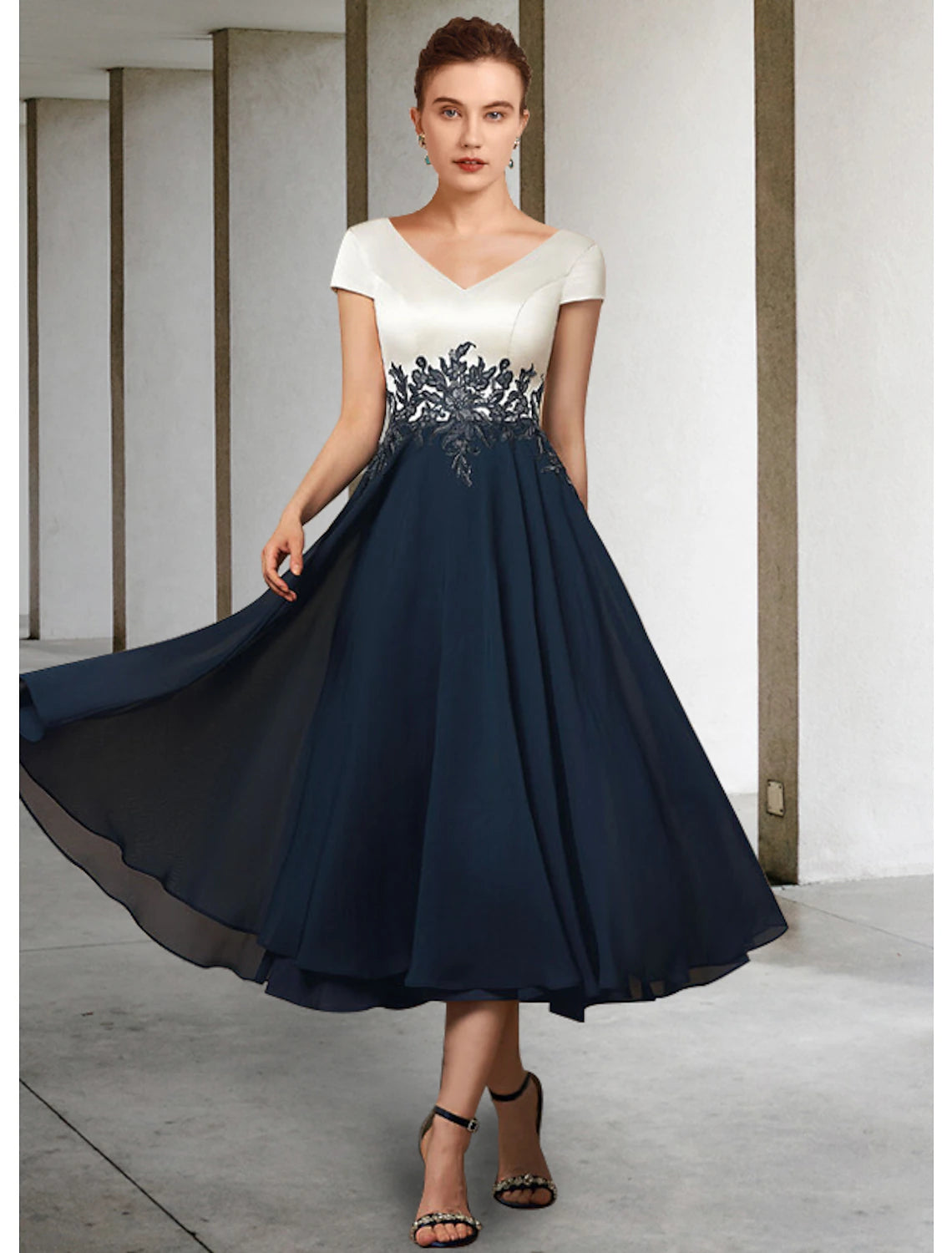 Elegant A-Line V-Neck Short Sleeve Pleated Tea Length Mother of the Bride Dress.