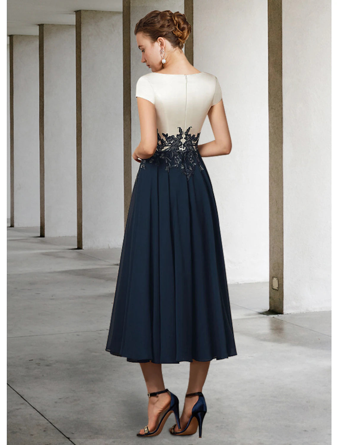 Elegant A-Line V-Neck Short Sleeve Pleated Tea Length Mother of the Bride Dress.