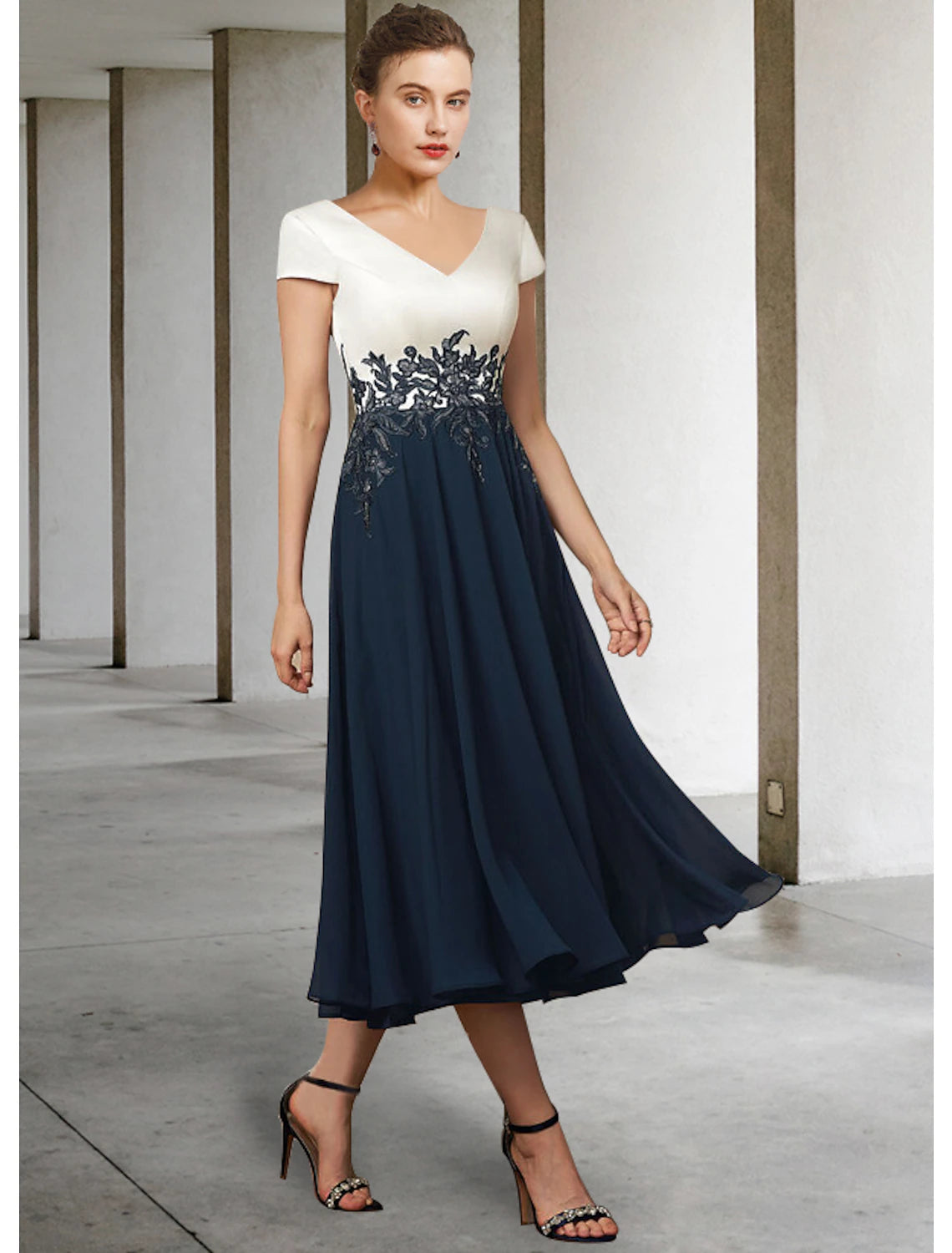 Elegant A-Line V-Neck Short Sleeve Pleated Tea Length Mother of the Bride Dress.