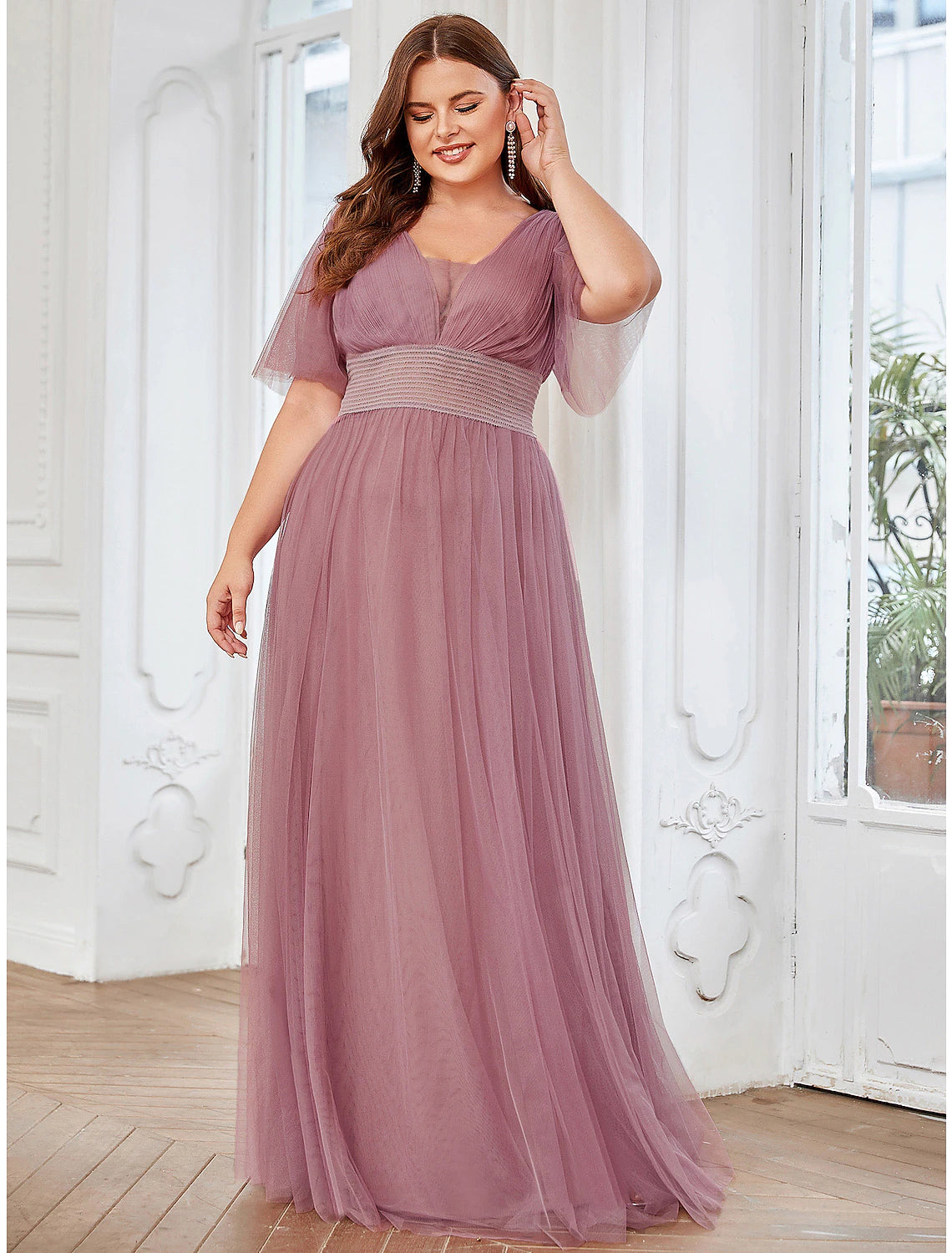 Elegant A-Line V-Neck Short Sleeve Ruffled Tiered Plus Size Floor Length Bridesmaid Dress.