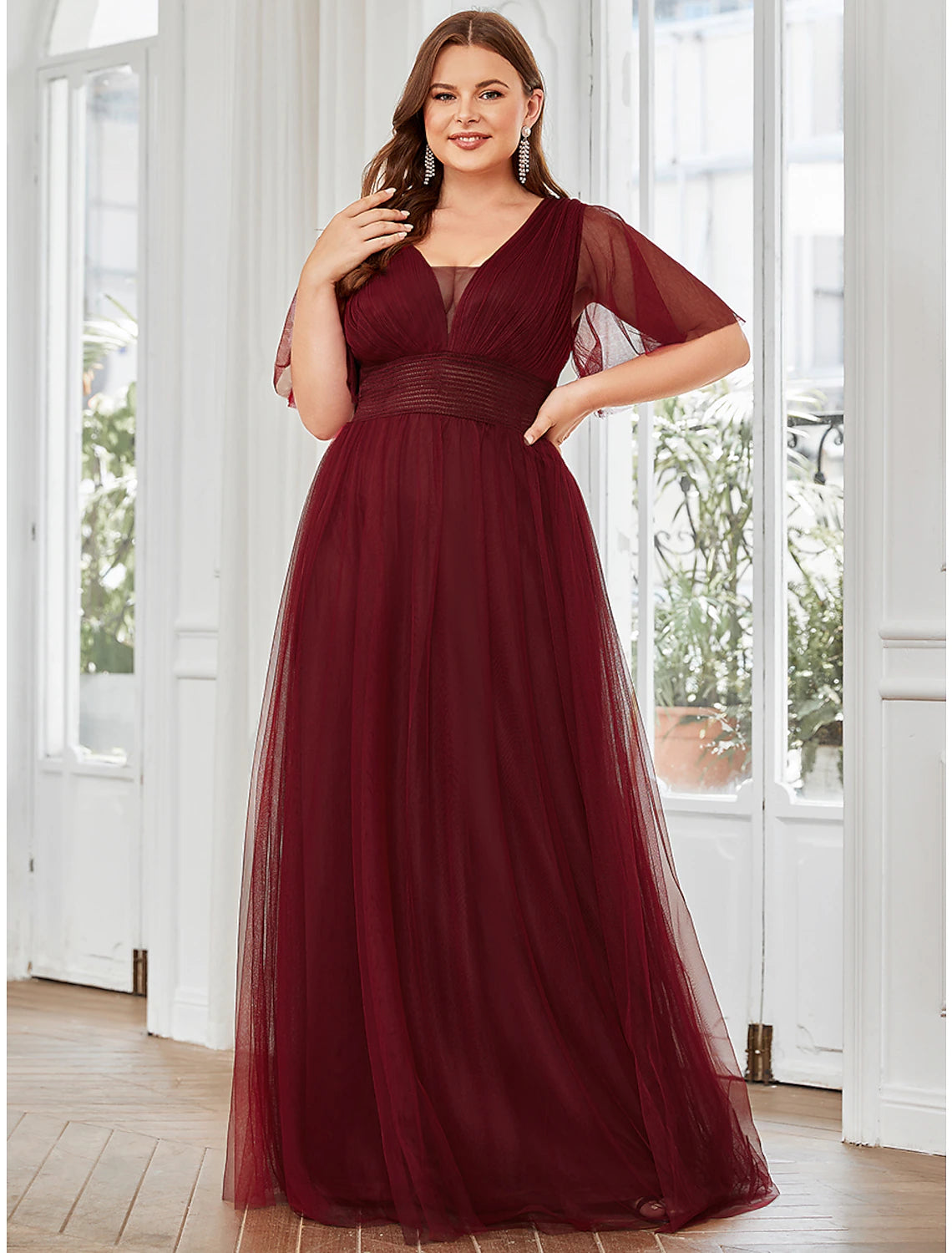 Elegant A-Line V-Neck Short Sleeve Ruffled Tiered Plus Size Floor Length Bridesmaid Dress.
