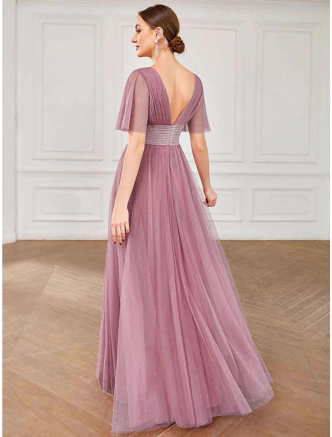 Elegant A-Line V-Neck Short Sleeve Ruffled Tiered Plus Size Floor Length Bridesmaid Dress.