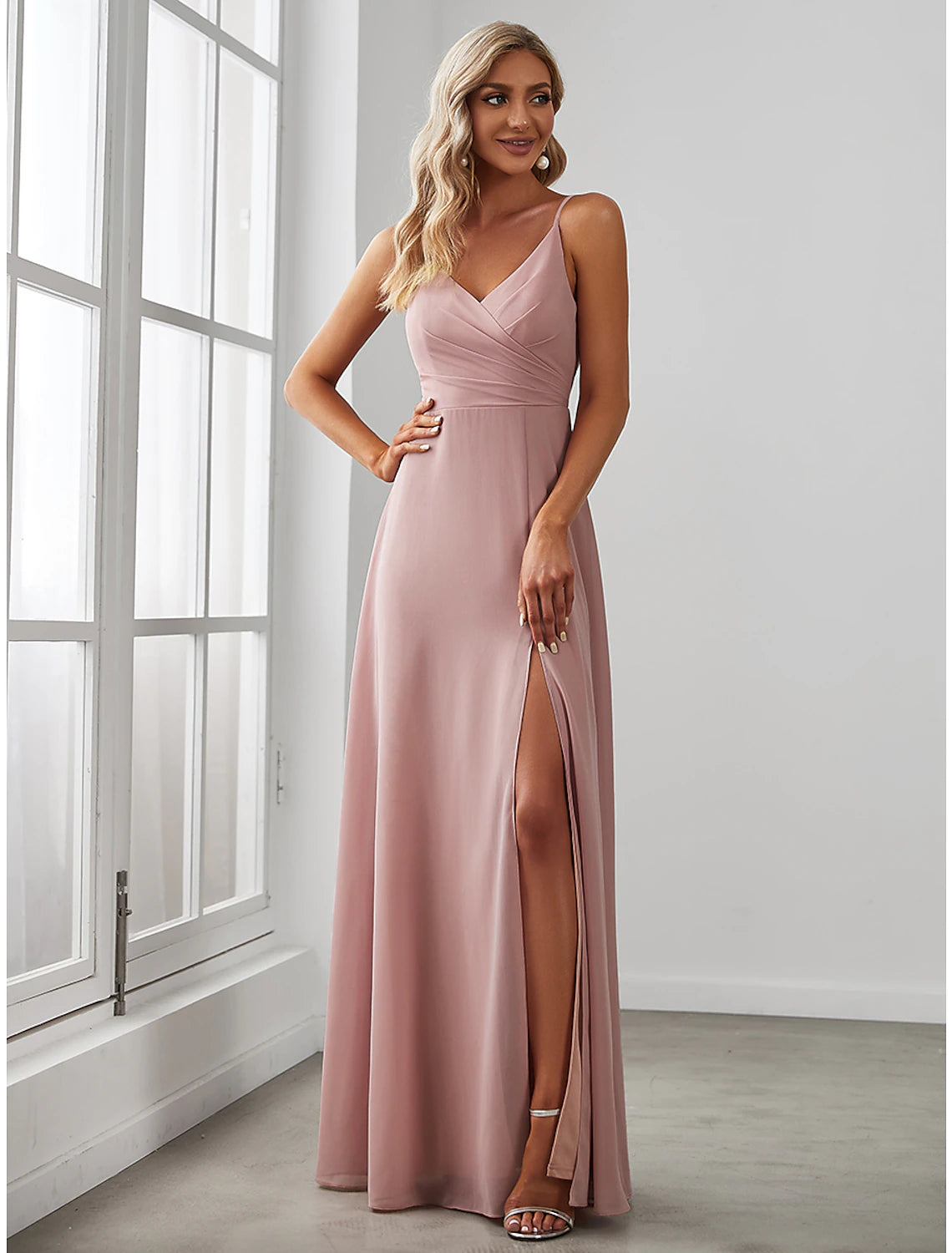 Elegant A-Line V-Neck Sleeveless Chiffon Draped Solid Floor-Length Bridesmaid Dress.