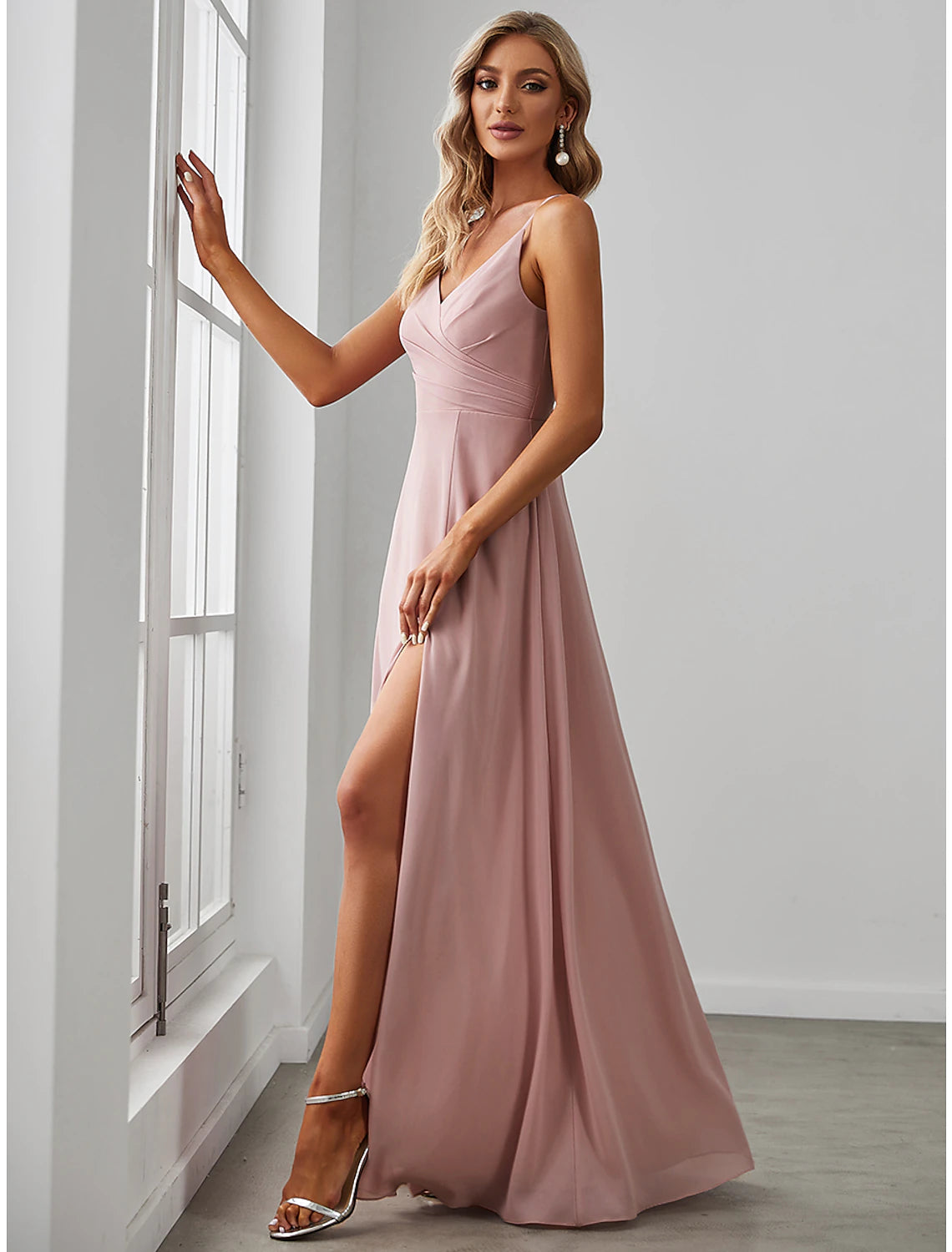Elegant A-Line V-Neck Sleeveless Chiffon Draped Solid Floor-Length Bridesmaid Dress.