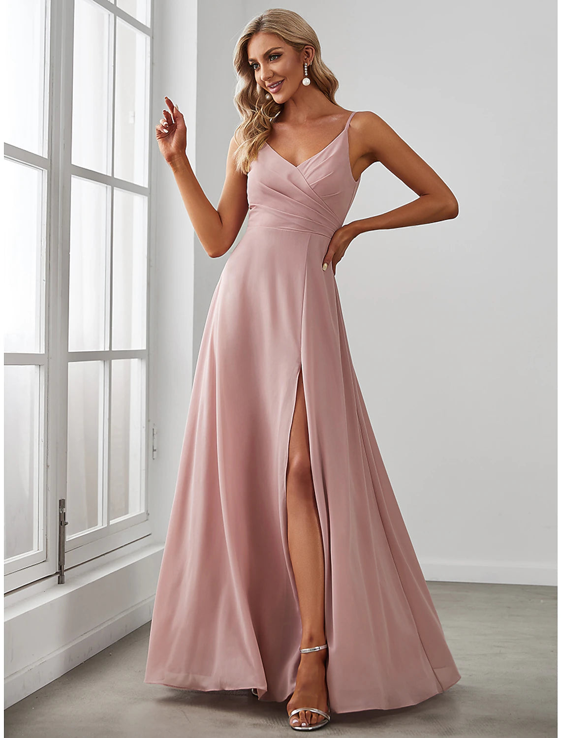 Elegant A-Line V-Neck Sleeveless Chiffon Draped Solid Floor-Length Bridesmaid Dress.