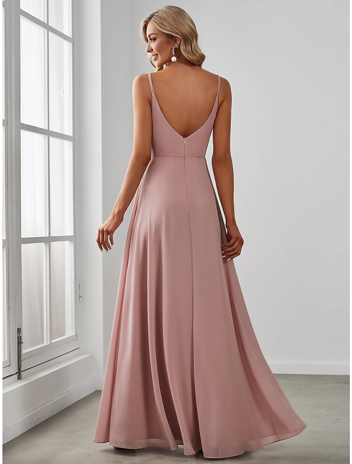 Elegant A-Line V-Neck Sleeveless Chiffon Draped Solid Floor-Length Bridesmaid Dress.