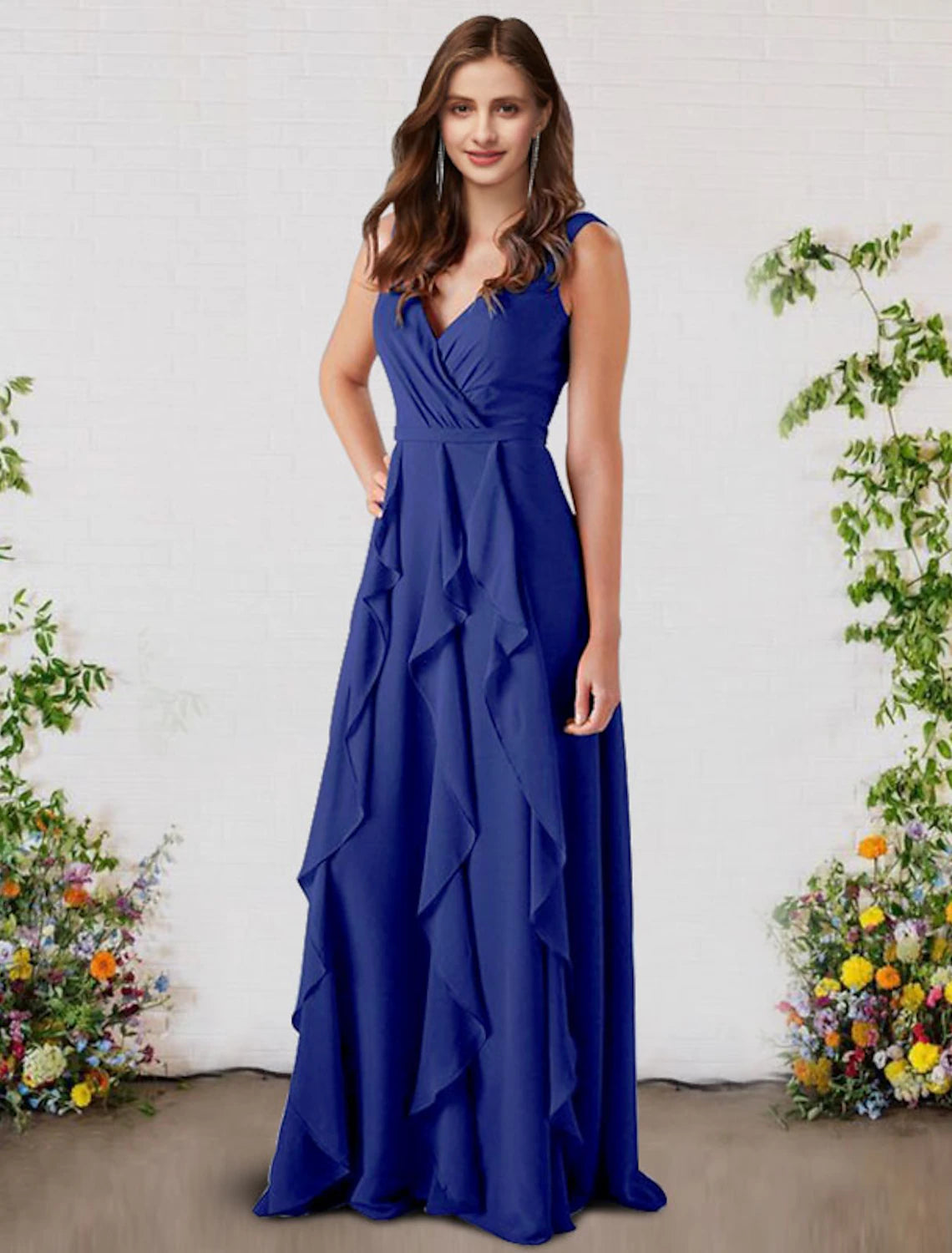 Elegant A-Line V-Neck Sleeveless Chiffon Ruffled Floor-Length Bridesmaid Dress.
