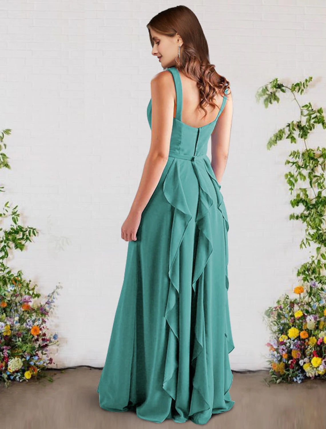Elegant A-Line V-Neck Sleeveless Chiffon Ruffled Floor-Length Bridesmaid Dress.