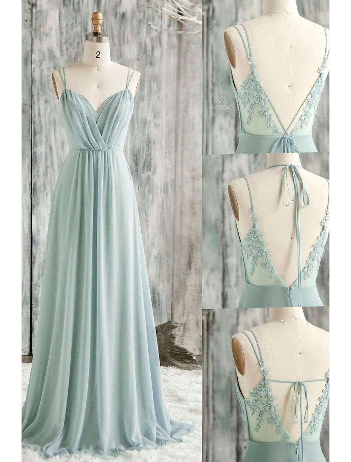 Elegant A-Line V-Neck Spaghetti Strap Appliqued Chiffon Floor-Length Bridesmaid Dress.