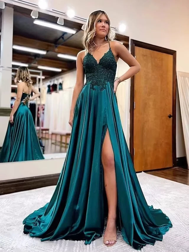 Elegant A-Line V-Neck Spaghetti Strap Lace Up Back High Slit Floor Length Evening Dress
