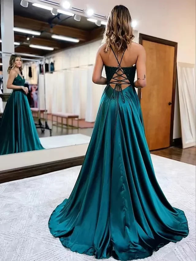 Elegant A-Line V-Neck Spaghetti Strap Lace Up Back High Slit Floor Length Evening Dress