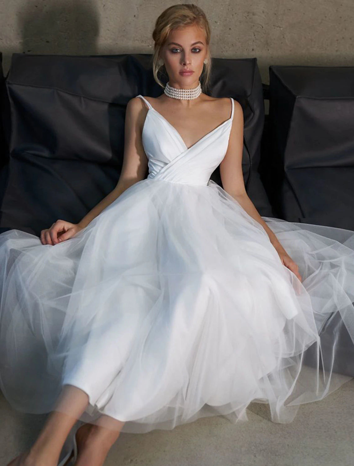 Elegant A-Line V-Neck Spaghetti Strap Little White Reception Ankle-Length Tulle Dress.