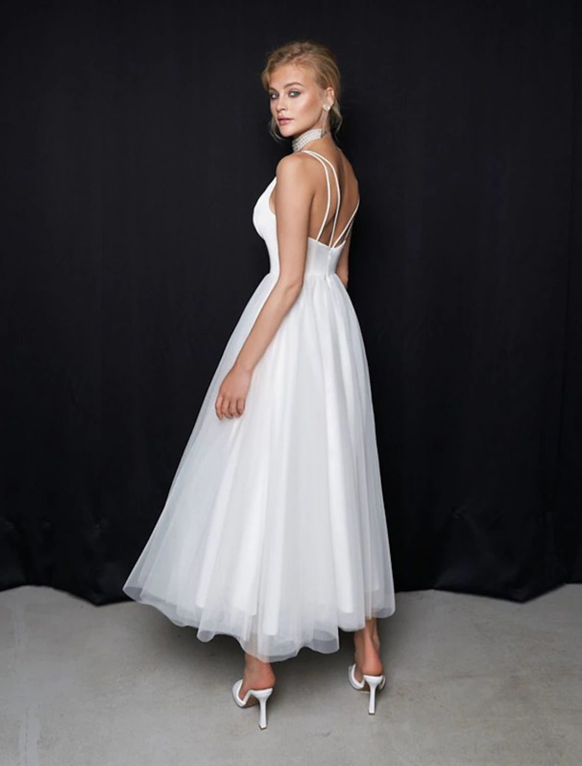 Elegant A-Line V-Neck Spaghetti Strap Little White Reception Ankle-Length Tulle Dress.