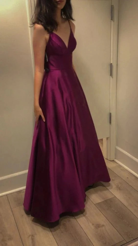 Elegant A-Line V-Neck Spaghetti-Strap Open-Back Floor-Length Evening Dress