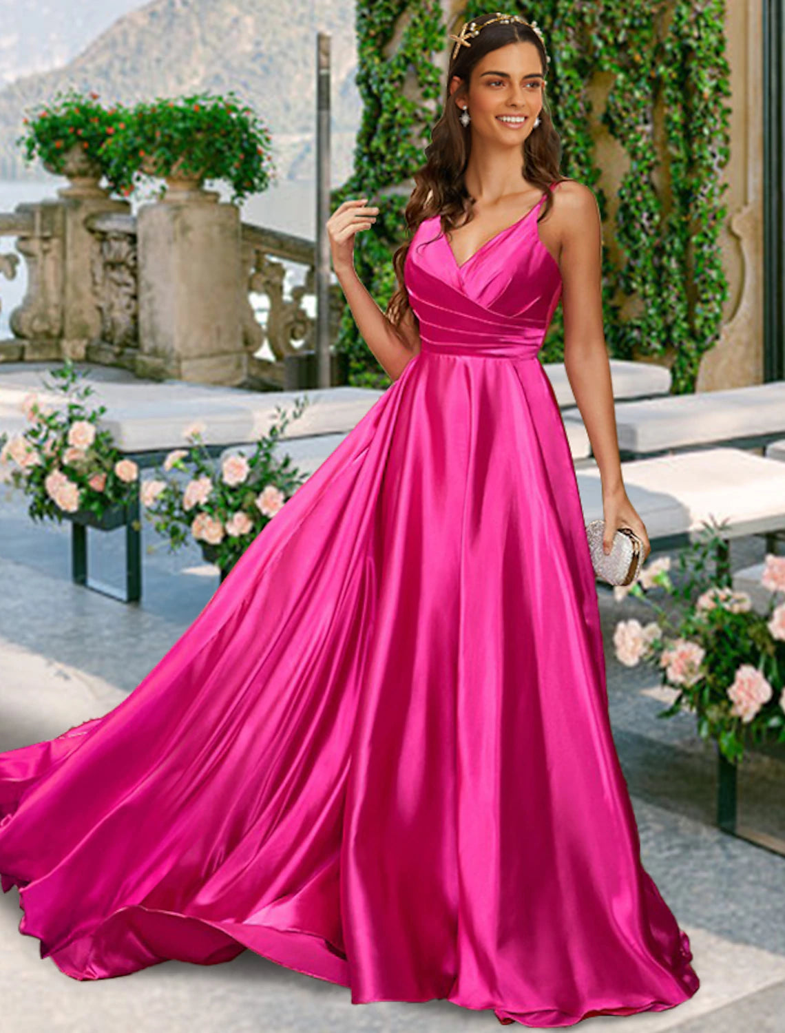 Elegant A-Line V-Neck Spaghetti Strap Pleated Charmeuse Bridesmaid Dress with Sweep Train.