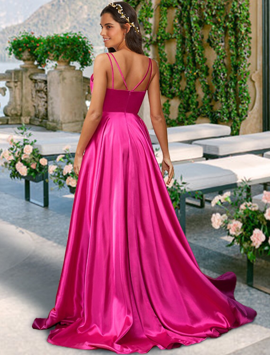 Elegant A-Line V-Neck Spaghetti Strap Pleated Charmeuse Bridesmaid Dress with Sweep Train.