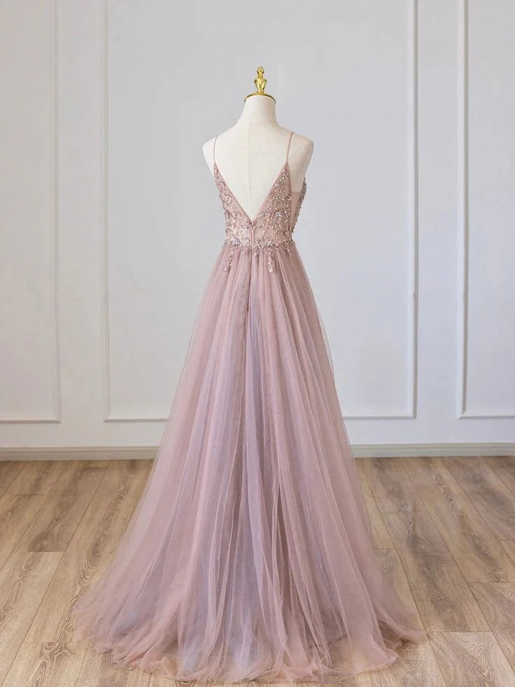 Elegant A-Line V-Neck Spaghetti-Strap Zipper-Back Beaded-Appliqué Floor-Length Prom Dress