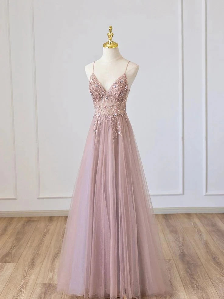 Elegant A-Line V-Neck Spaghetti-Strap Zipper-Back Beaded-Appliqué Floor-Length Prom Dress
