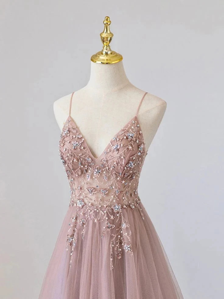 Elegant A-Line V-Neck Spaghetti-Strap Zipper-Back Beaded-Appliqué Floor-Length Prom Dress
