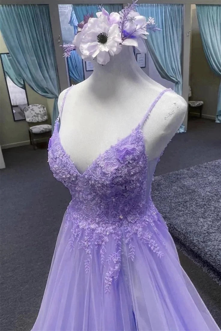 Elegant A-Line V-Neck Spaghetti-Strap Zipper-Back Floral-Appliqué Slit-Detail Floor-Length Prom Dress