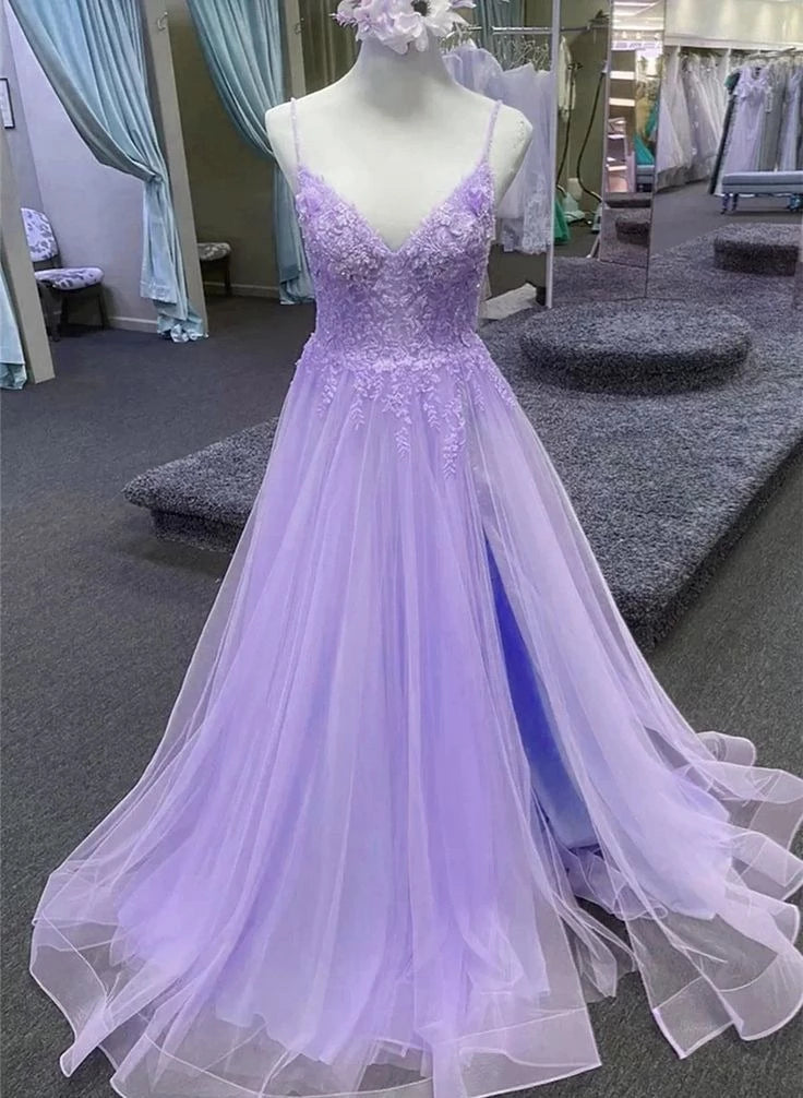 Elegant A-Line V-Neck Spaghetti-Strap Zipper-Back Floral-Appliqué Slit-Detail Floor-Length Prom Dress