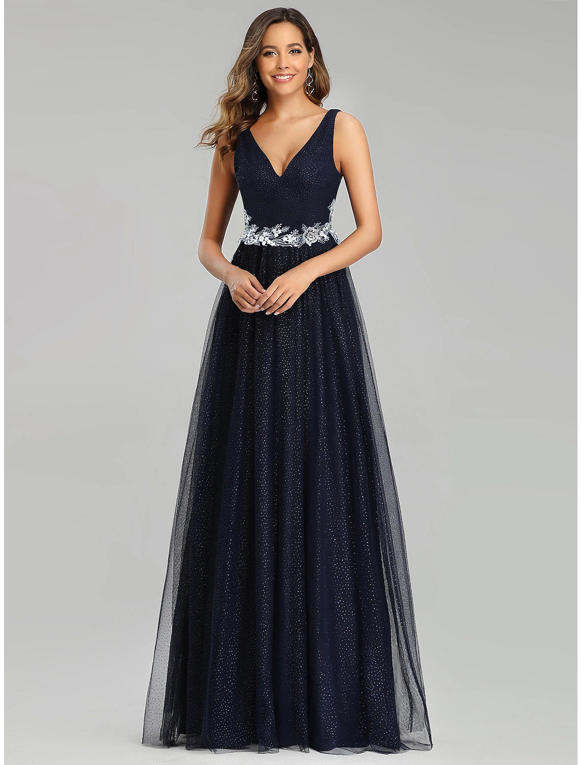 Elegant A-Line V-Neck Tulle Sequin Empire Floor Length Prom Dress.