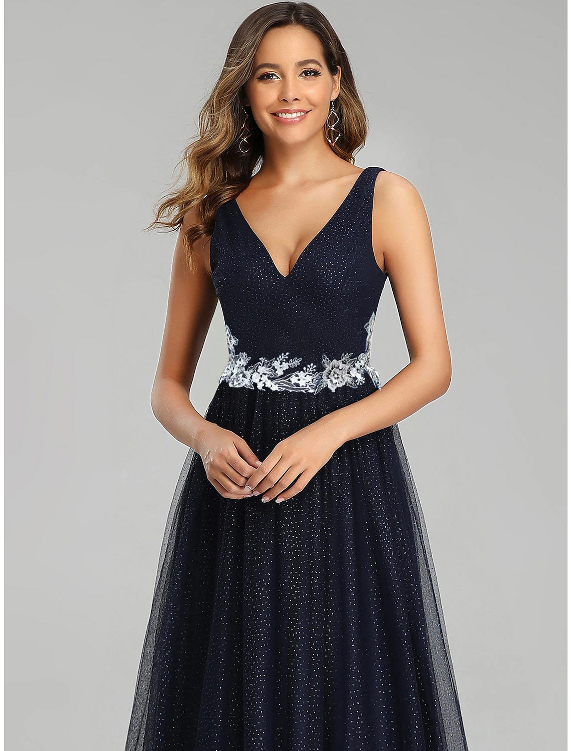 Elegant A-Line V-Neck Tulle Sequin Empire Floor Length Prom Dress.