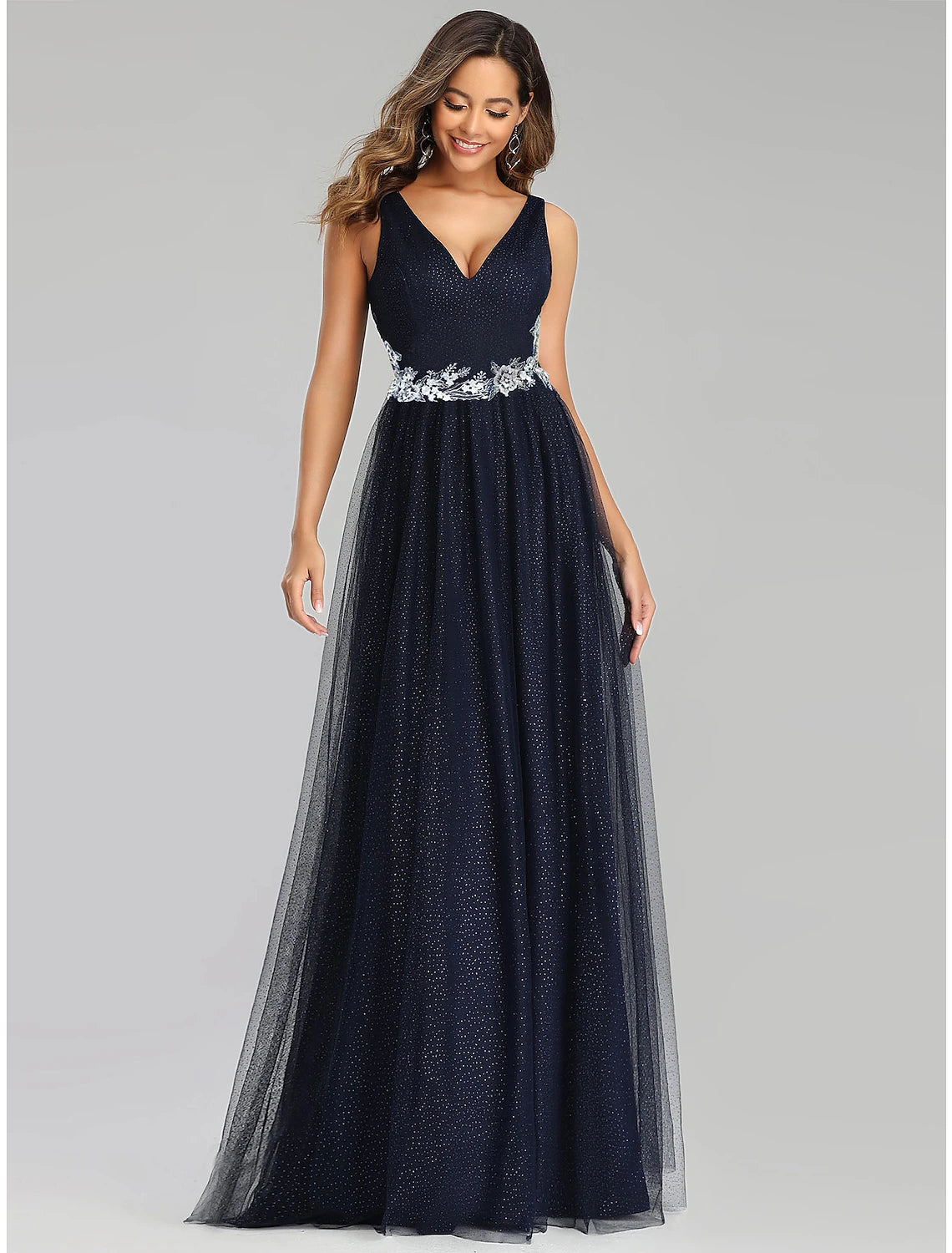 Elegant A-Line V-Neck Tulle Sequin Empire Floor Length Prom Dress.