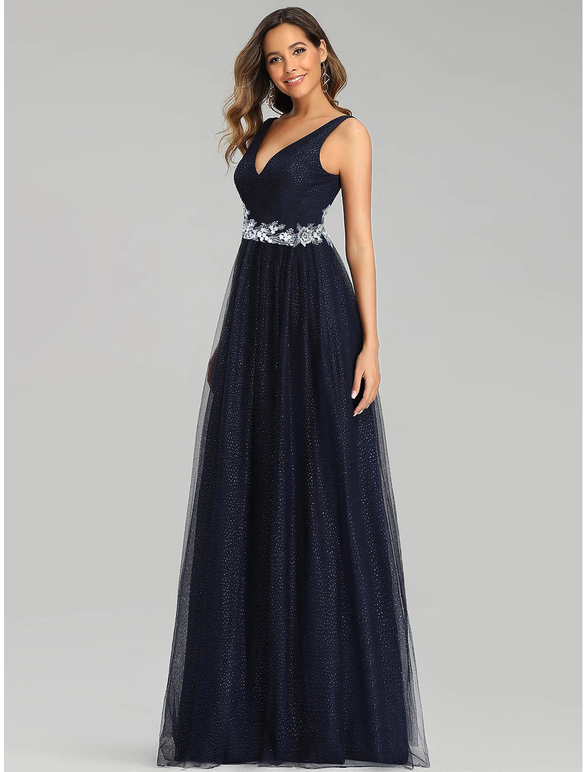 Elegant A-Line V-Neck Tulle Sequin Empire Floor Length Prom Dress.