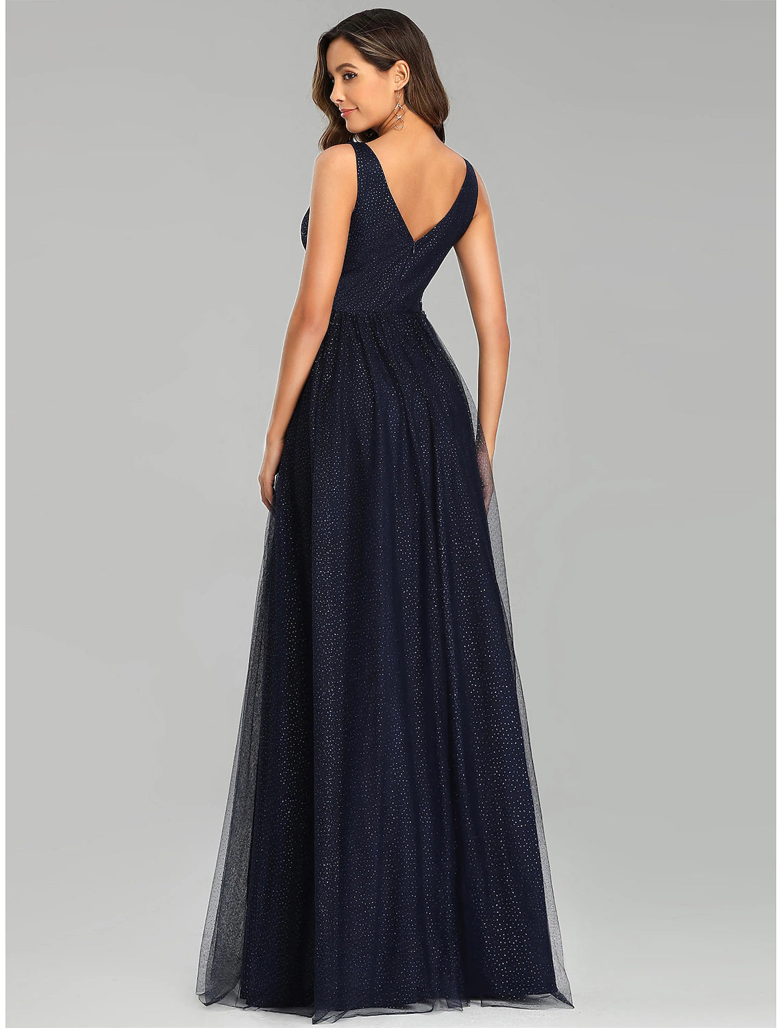 Elegant A-Line V-Neck Tulle Sequin Empire Floor Length Prom Dress.