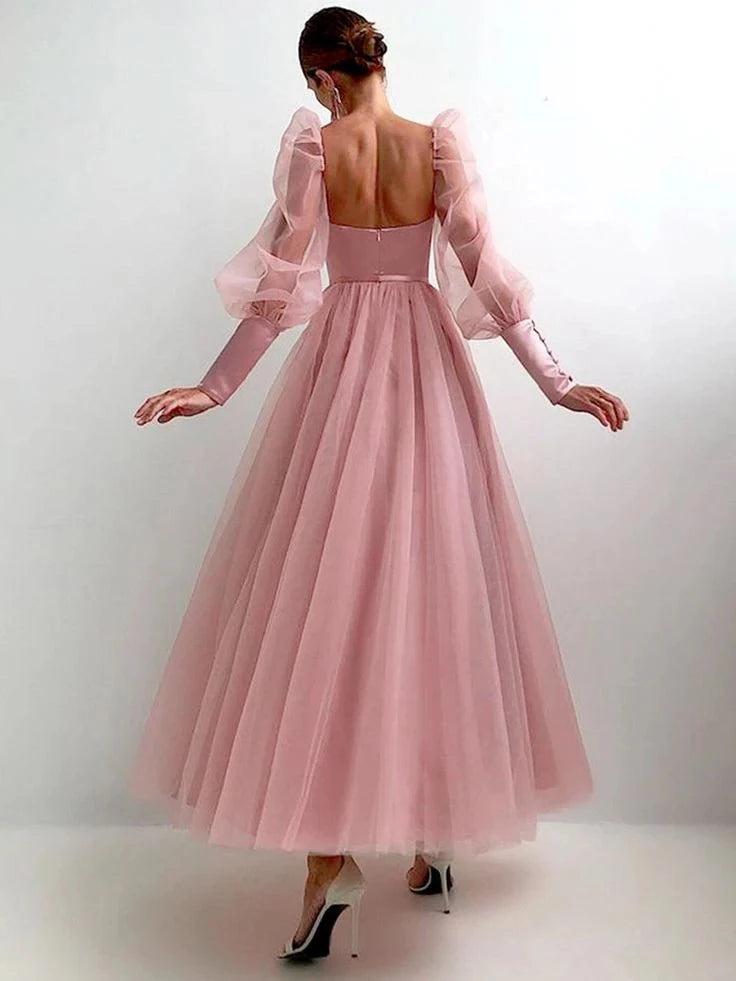 Elegant A-line Deep V-neck Long Puff Sleeve Backless Ankle Length Prom Dress