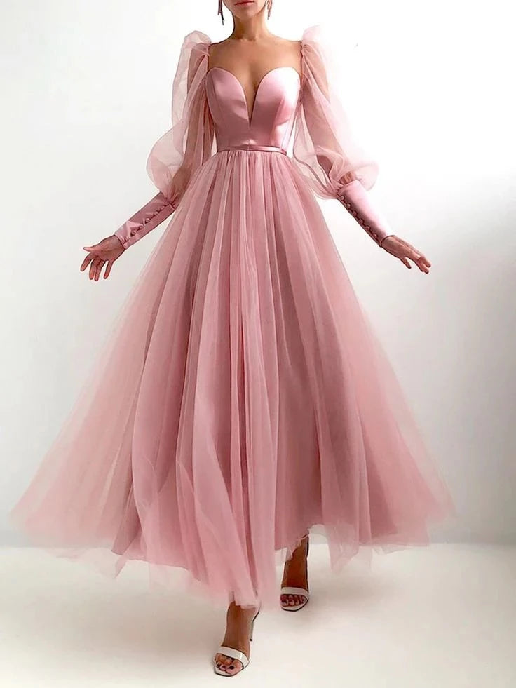 Elegant A-line Deep V-neck Long Puff Sleeve Backless Ankle Length Prom Dress