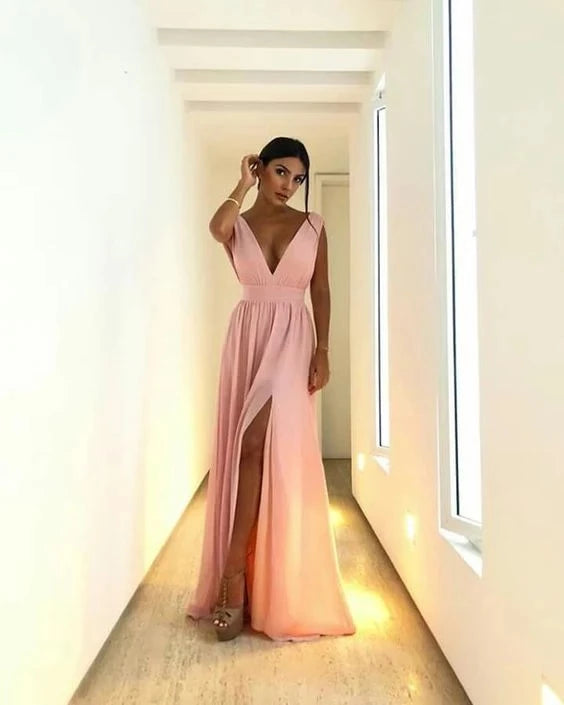 Elegant A-line Deep V-neck Sleeveless High Slit Floor Length Prom Dress