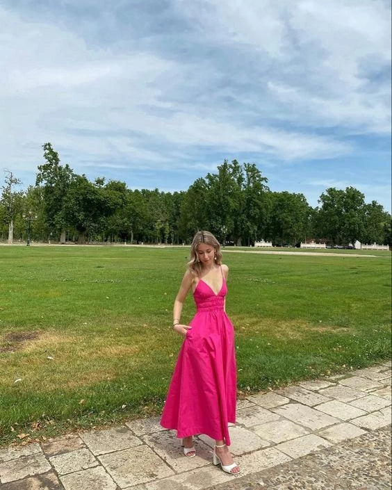 Elegant A-line Deep V-neck Spaghetti Strap Sleeveless Backless Midi Length Prom Dress