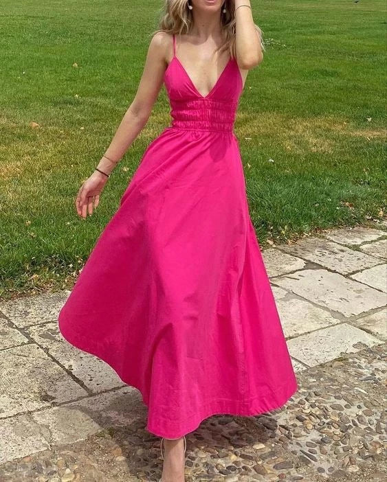 Elegant A-line Deep V-neck Spaghetti Strap Sleeveless Backless Midi Length Prom Dress