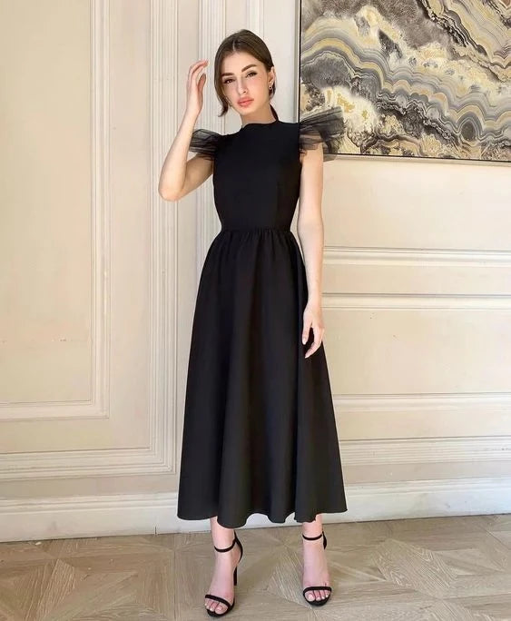 Elegant A-line High Neck Sleeveless Ruffle Tulle Midi Length Prom Dress