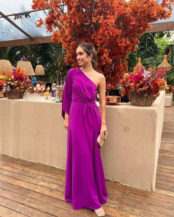 Elegant A-line One-Shoulder Cape Sleeve Closed Back Floor Length Prom Dress