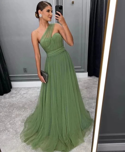 Elegant A-line One-Shoulder Sweetheart Sleeveless Closed Back Floor Length Prom Dress