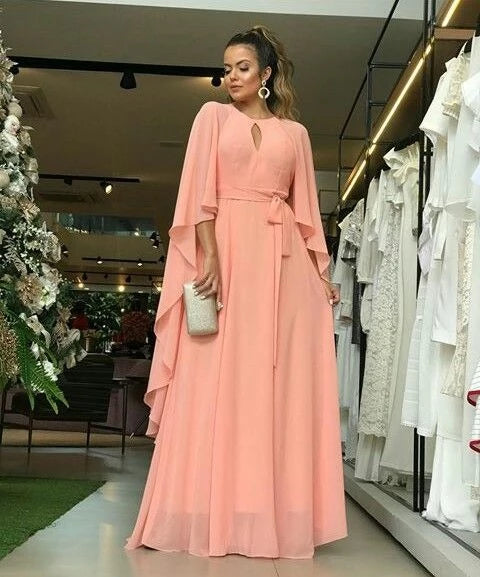 Elegant A-line Round Neck Cape Sleeve Keyhole Belted Floor Length Prom Dress