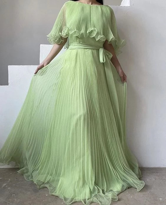 Elegant A-line Round Neck Ruffle Short Sleeve Belted Pleated Floor Length Prom Dress