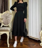 Elegant A-line Square Neck Long Puff Sleeve Backless Midi Length Prom Dress