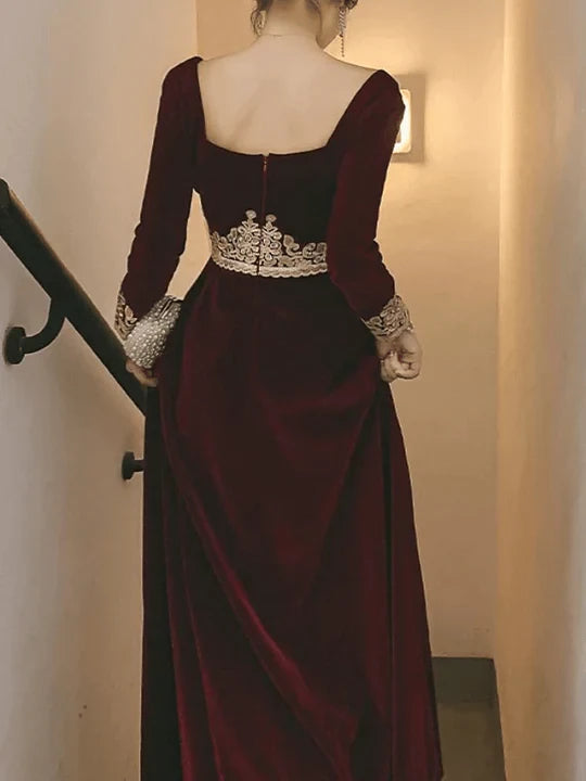 Elegant A-line Square Neck Long Sleeve Beaded Waist Floor Length Prom Dress