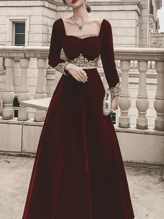 Elegant A-line Square Neck Long Sleeve Beaded Waist Floor Length Prom Dress