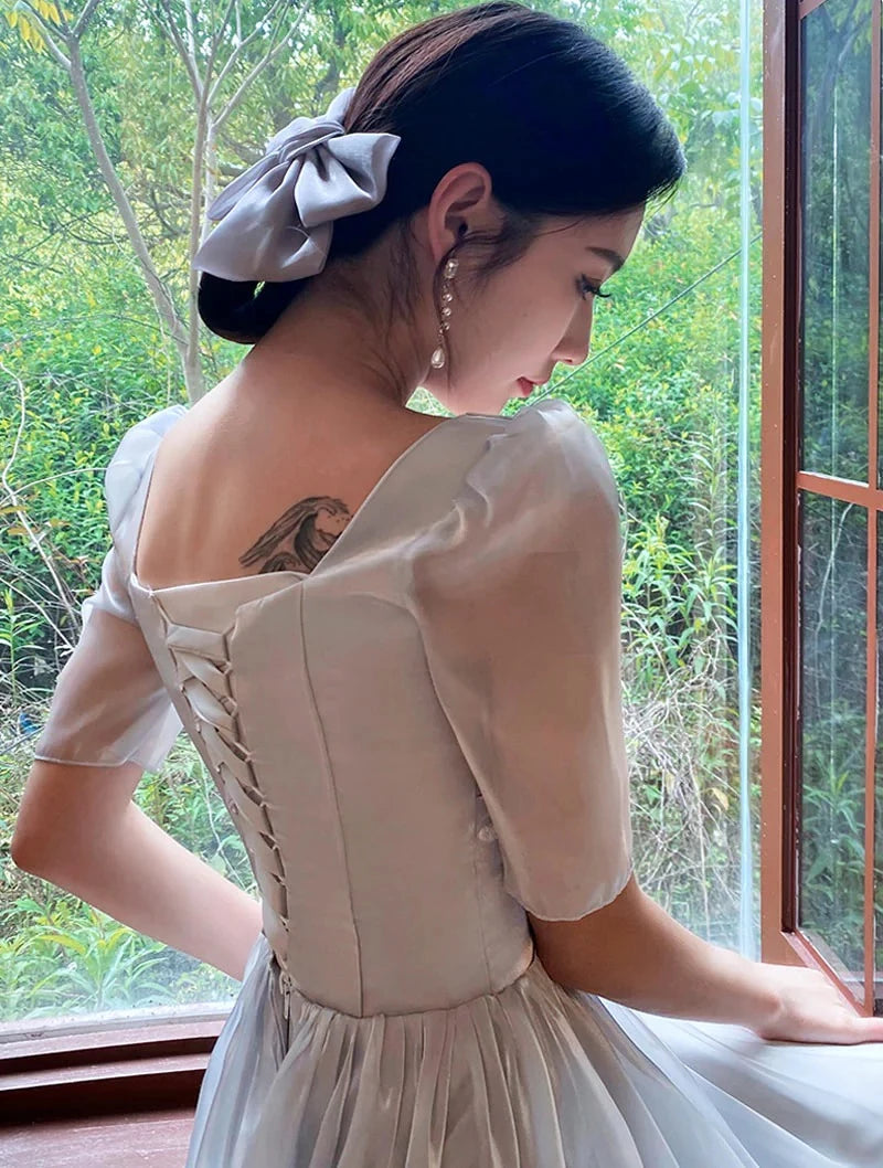 Elegant A-line Square Neck Puff Sleeve Lace Up Back Midi Length Prom Dress