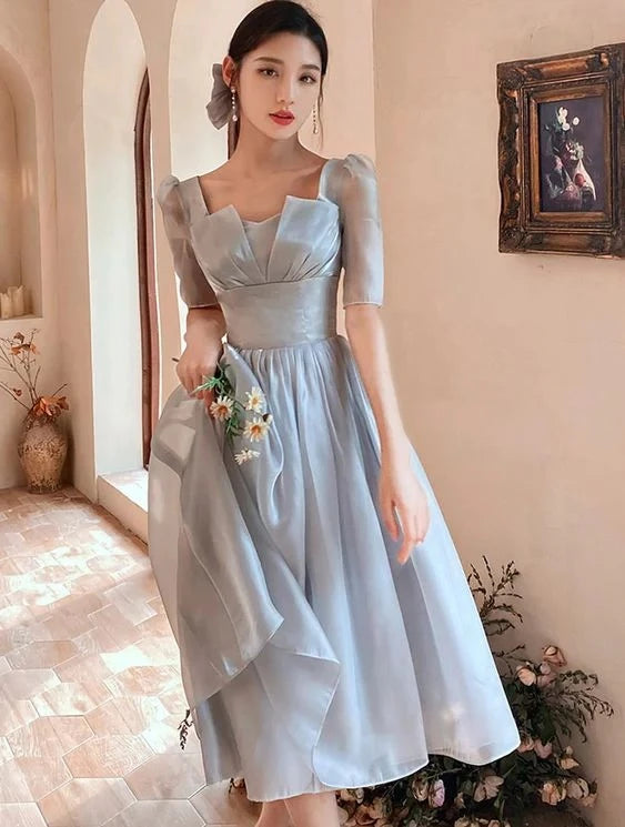 Elegant A-line Square Neck Puff Sleeve Lace Up Back Midi Length Prom Dress