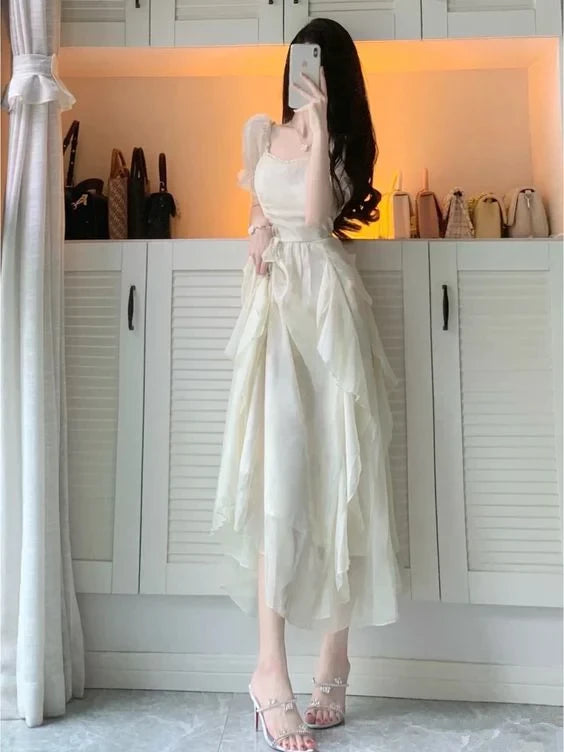 Elegant A-line Square Neck Puff Sleeve Ruffle Hem Midi Length Prom Dress