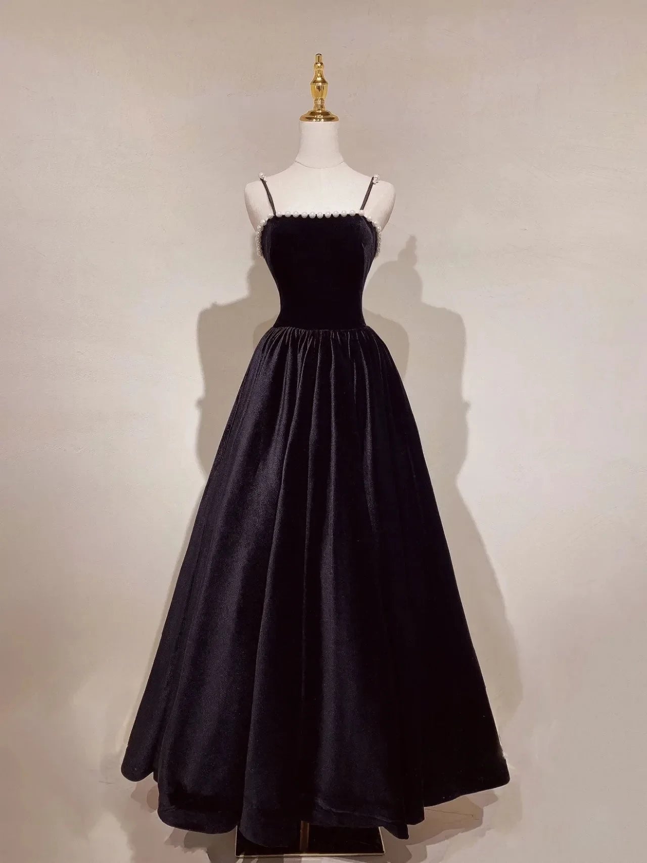 Elegant A-line Square Neck Spaghetti Strap Sleeveless Pearl Trim Floor Length Prom Dress