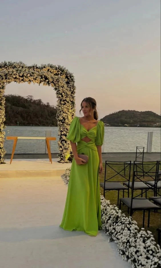 Elegant A-line Sweetheart Puff Sleeve Cutout Waist Floor Length Prom Dress